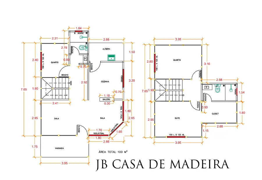 Planta: Casa duplex 100,00m² com 1 suíte e 2 quartos