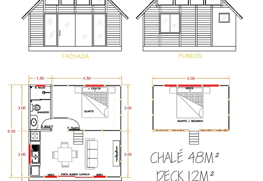 Planta: Casa A-Frame 48,00m² com 2 quartos e deck