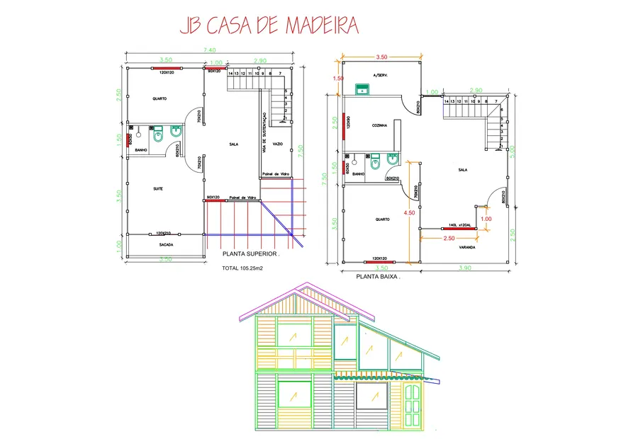 Planta: Casa duplex 105,25m² com 1 suíte e 2 quartos