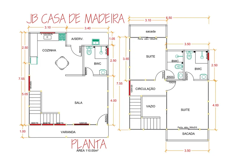 Planta: Casa duplex 110,00m² com 2 suítes
