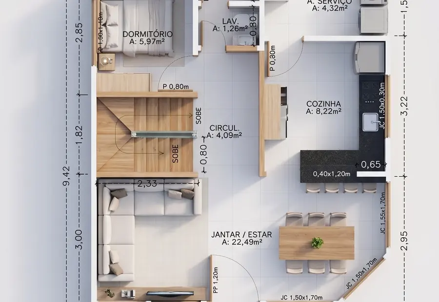 Planta: Casa duplex 110,00m² com 1 suíte e 2 quartos
