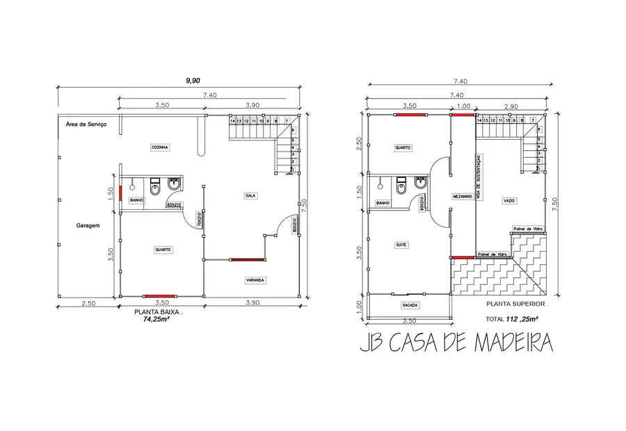 Planta: Casa duplex 112,25m² com 1 suíte, 2 quartos e garagem