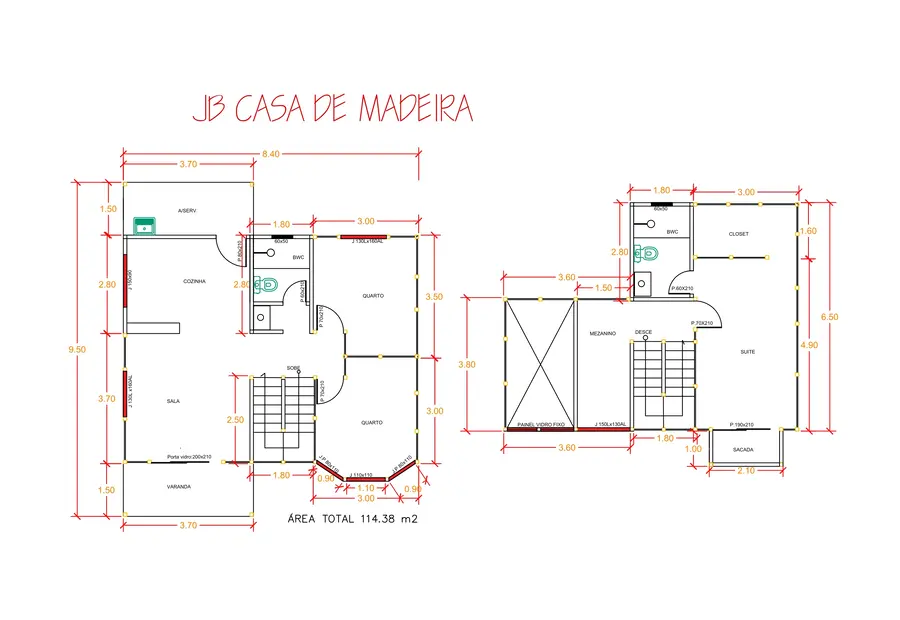 Planta: Casa duplex 114,38m² com 1 suíte e 2 quartos