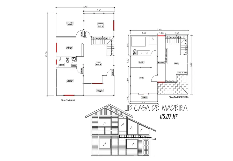 Planta: Casa duplex 115,07m² com 1 suíte e 2 quartos