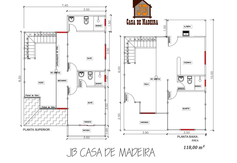 Planta: Casa duplex 118,00m² com 2 suítes e 1 quarto