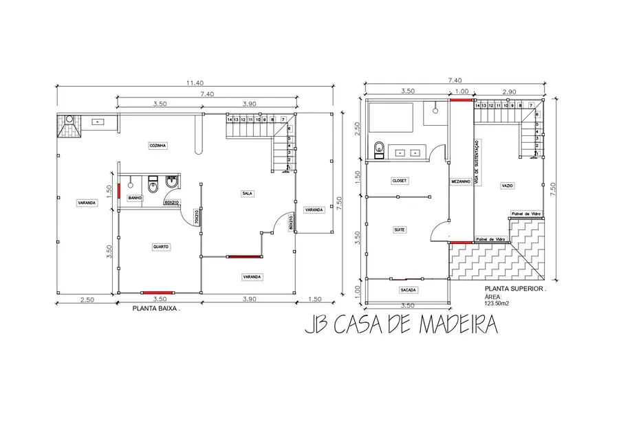 Planta: Casa duplex 123,50 m² com suíte e closet