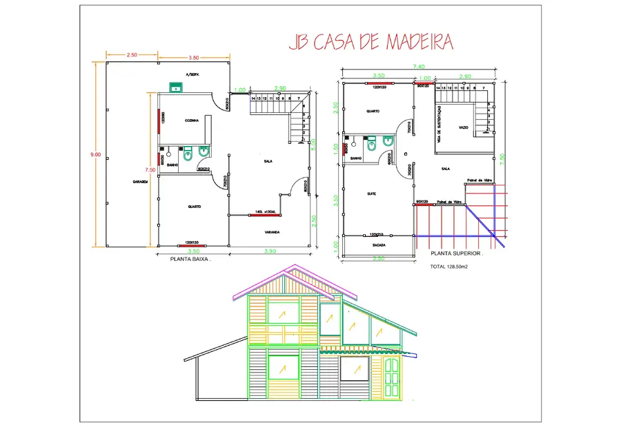 Planta: Casa duplex 128,50 m² com garagem e suíte