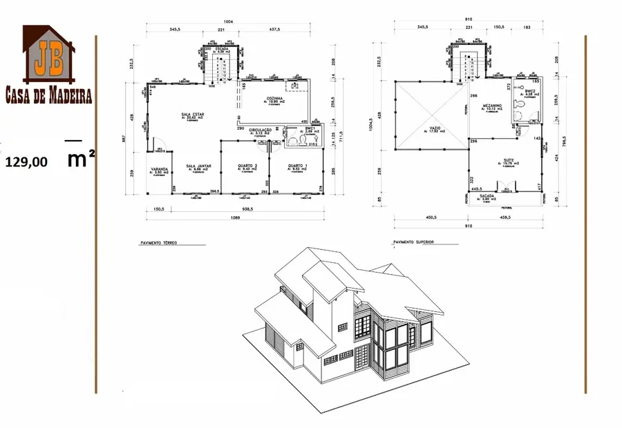 Planta: Casa duplex 129 m² com 3 quartos e bay window