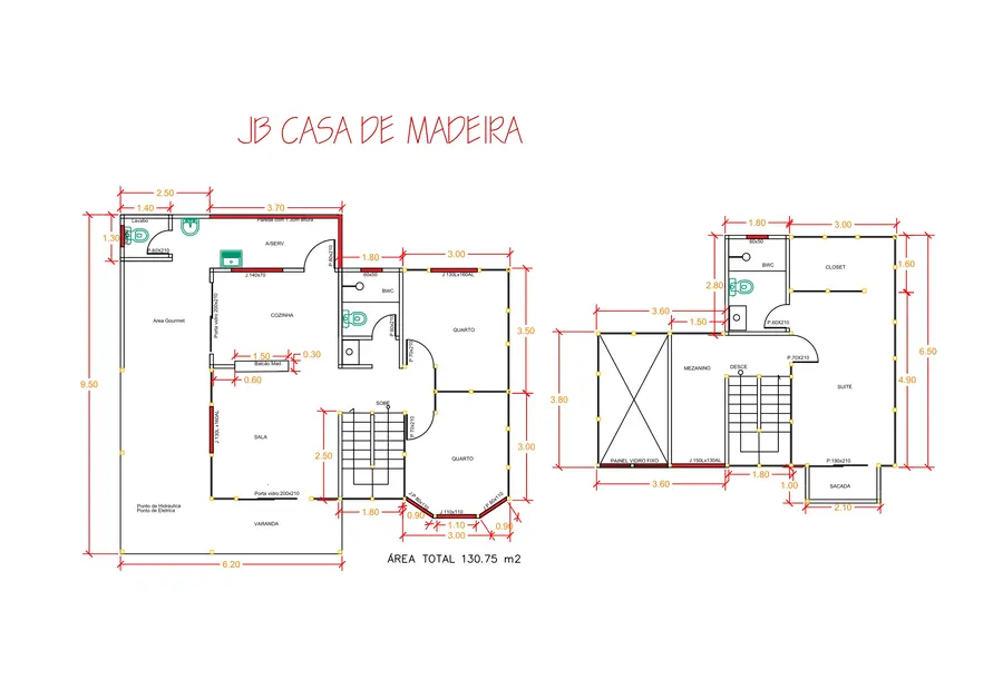 Planta: Casa duplex 130,75 m² com área gourmet e suíte