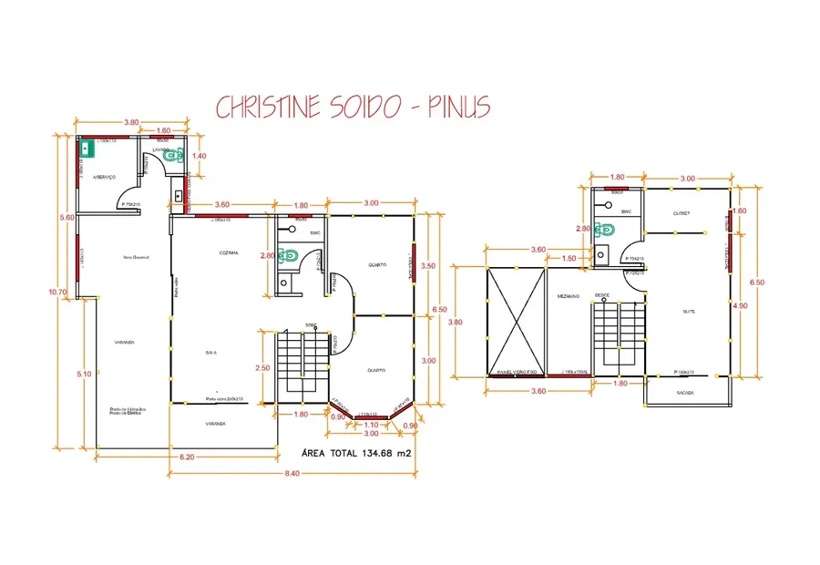 Planta: Casa duplex 134,68 m² com área gourmet e suíte