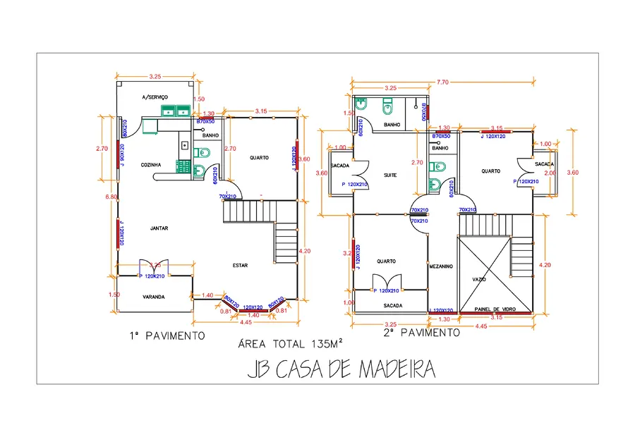 Planta: Casa duplex 135 m² com 4 quartos e 3 sacadas