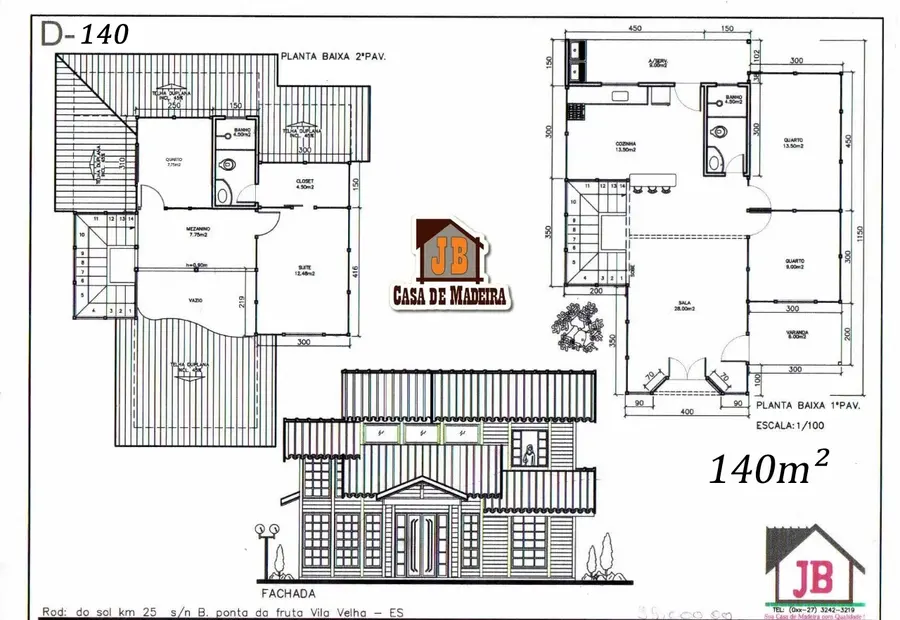 Planta: Casa Duplex 140,00m² com 1 suíte e 3 quartos