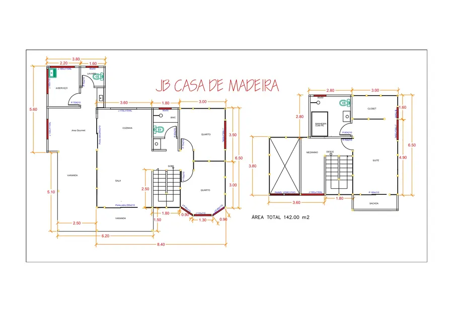 Planta: Casa 142,00m² com 1 suíte e 2 quartos