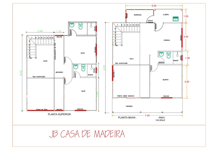 Planta: Casa Duplex 143,00m² com 2 suítes e 1 quarto