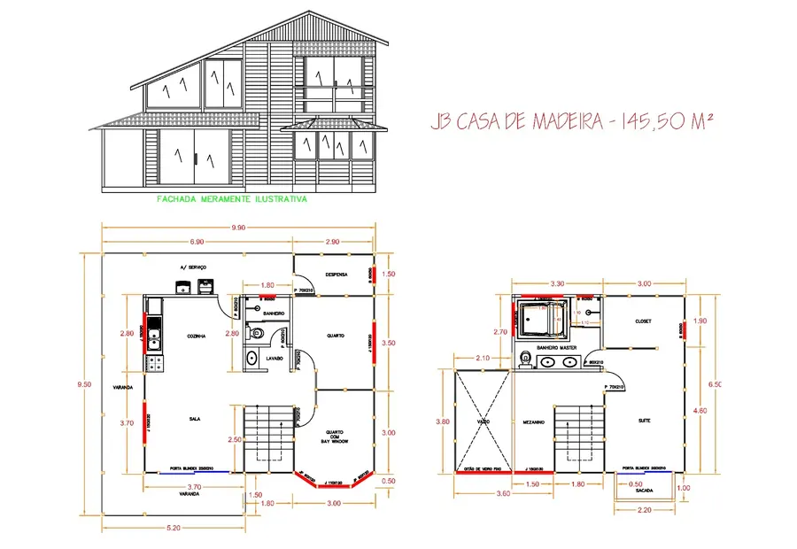 Planta: Casa Duplex 145,50m² com 1 suíte e 2 quartos