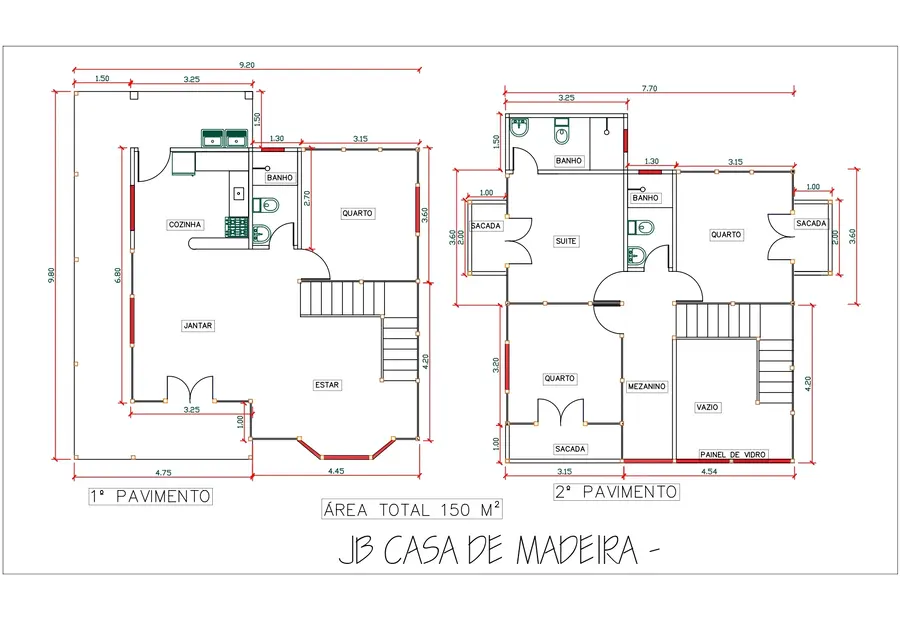 Planta: Casa Duplex 150,00m² com 1 suíte e 3 quartos