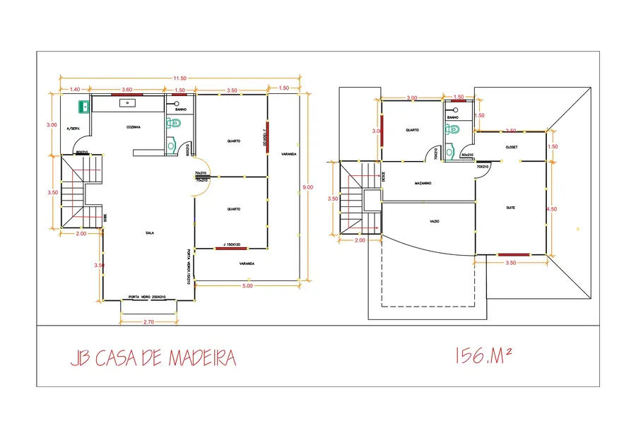 Planta: Casa Duplex 156,00m² com 1 suíte e 3 quartos