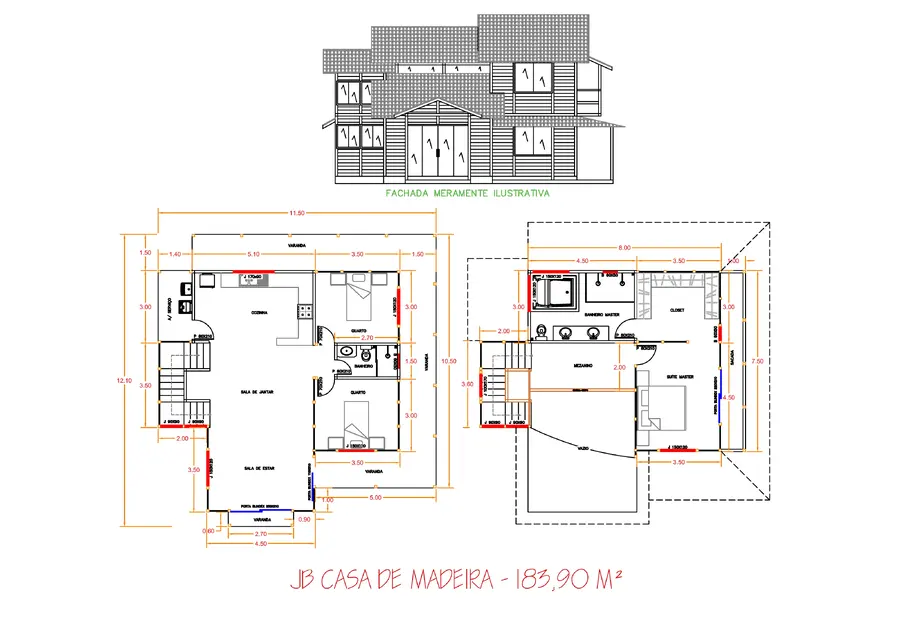Planta: Casa Duplex 183,90m² com 1 suíte e 2 quartos