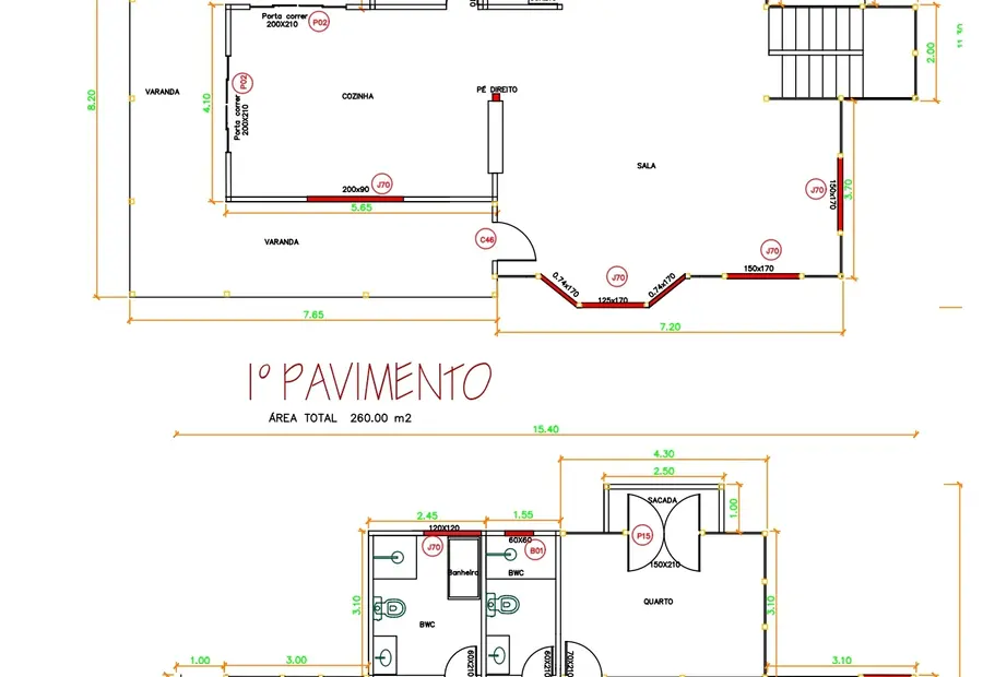 Planta: Casa 260,00m² com 1 suíte e 2 quartos