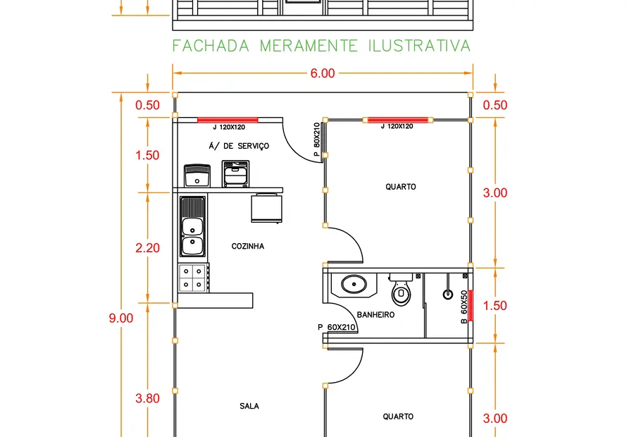 Planta: Chalé Modelo Escandinavo 54,00m² com 2 quartos