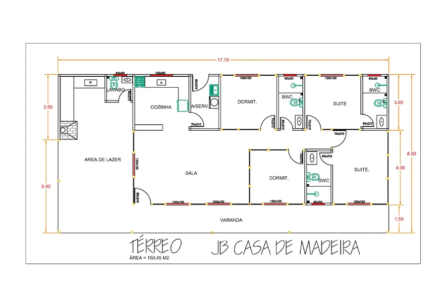 Planta: Casa Térrea 150,45m² com 2 Suítes, 2 Quartos e Área de Lazer