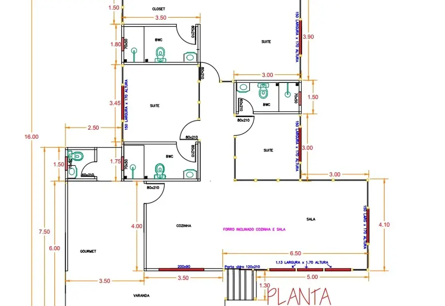 Planta: Casa Térrea 159,00m² com 3 Suítes, Área Gourmet e Varanda