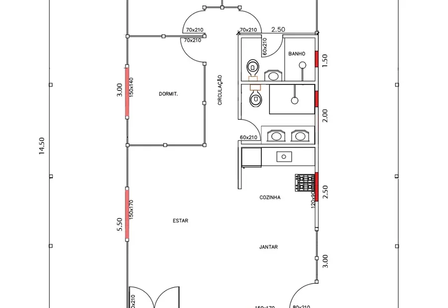 Planta: Casa Térrea 159,50m² com 1 Suíte, 2 Quartos e Varanda