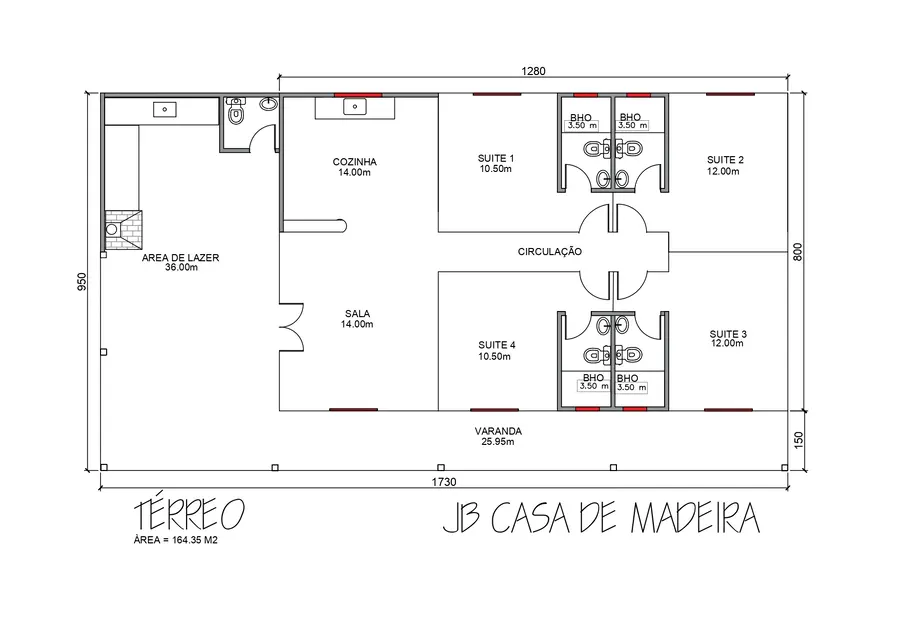 Planta: Casa Térrea 164,35m² com 4 Suítes e Área Gourmet