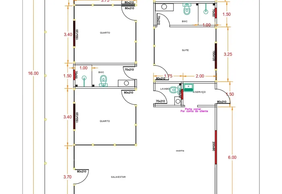 Planta: Casa Térrea 164,88m² com 2 Suítes e 3 Quartos