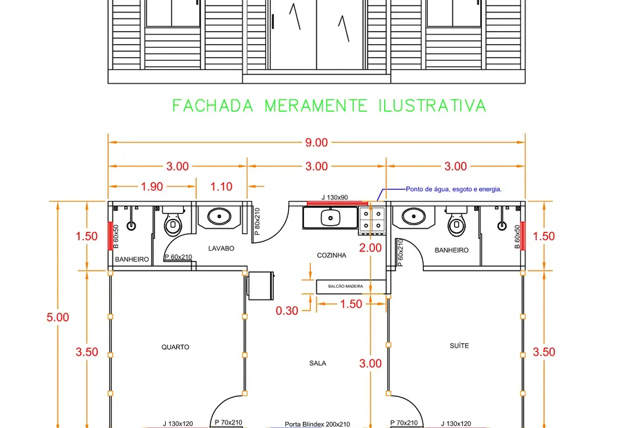 Planta: Casa 49,80m² com 1 suíte e 1 quarto