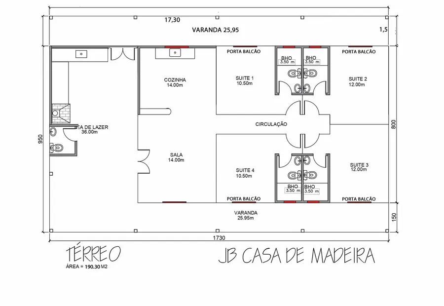 Planta: Casa Térrea 190,30m² com 4 Suítes, Área Gourmet e 2 Varandas