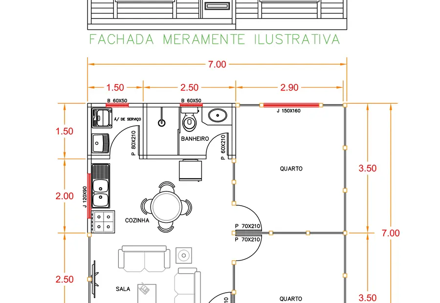 Planta: Casa Térrea Contemporânea 49m²