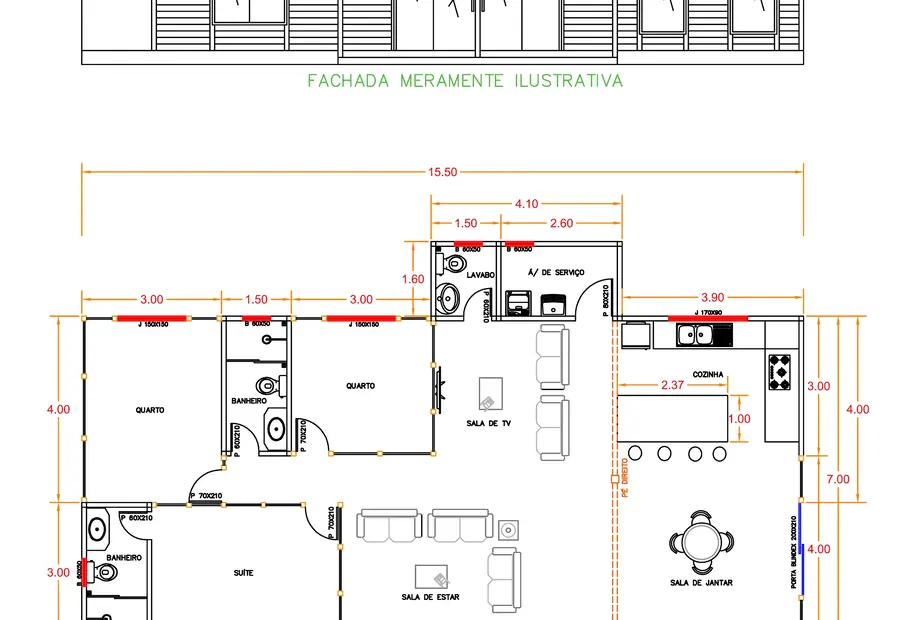 Planta: Casa 124m² com 1 suíte e 2 quartos