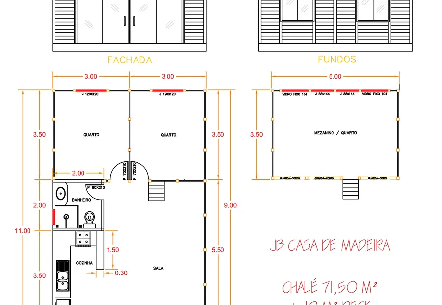 Planta: Chalé A-Frame 71,50m² com 3 quartos e deck