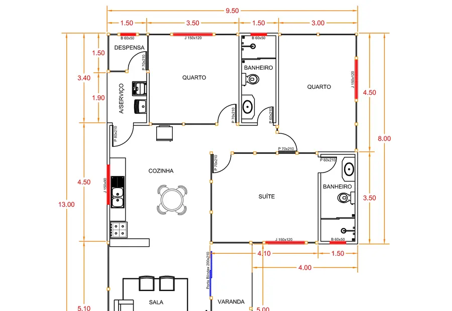 Planta: Casa 103,50m² com 1 suíte e 2 quartos