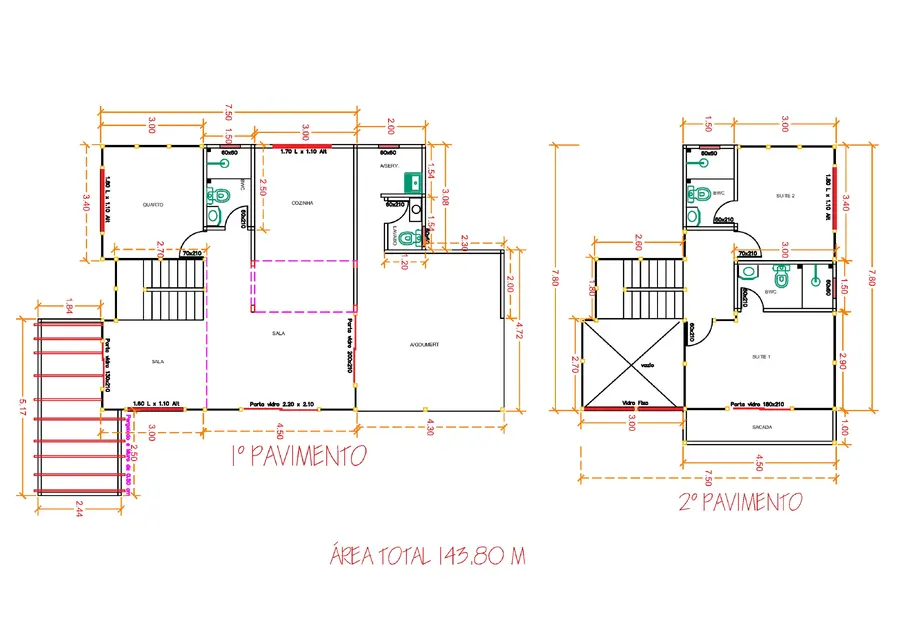 Planta: Casa Duplex 143,80m² com 2 suítes e 1 quarto