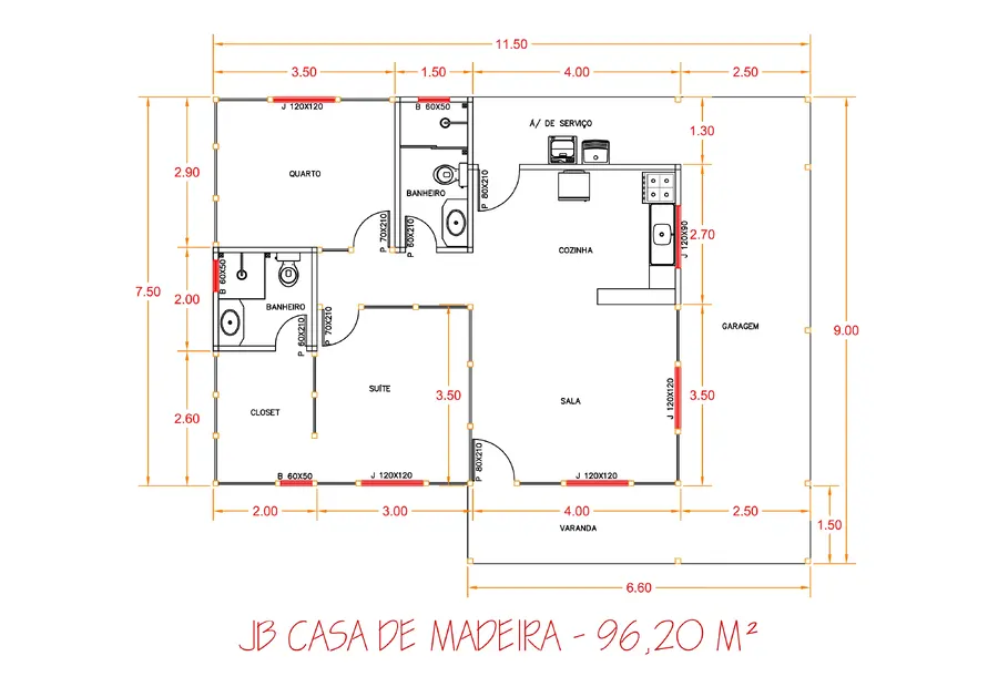Planta: Casa 96,20m² com 1 suíte e 1 quarto