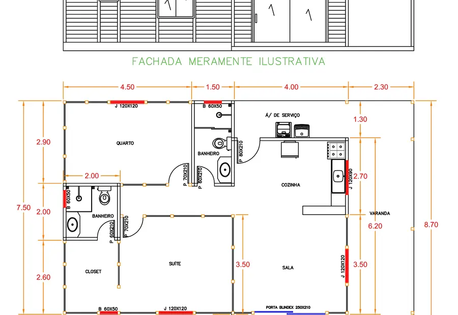 Planta: Casa 100,00m² com 1 suíte e 1 quarto
