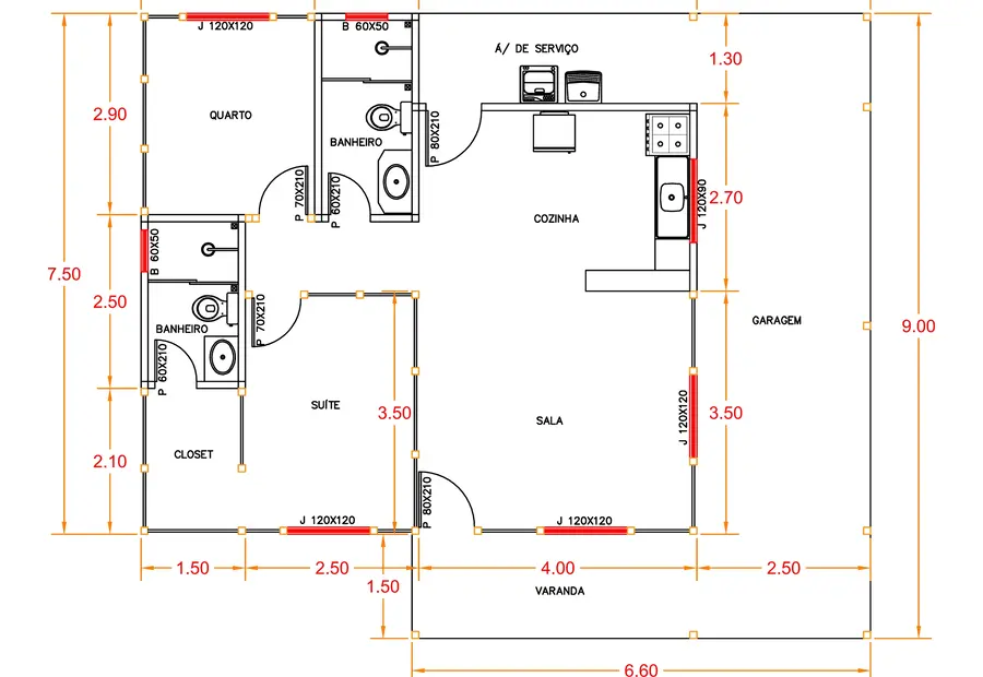 Planta: Casa 88,70m² com 1 suíte e 1 quarto