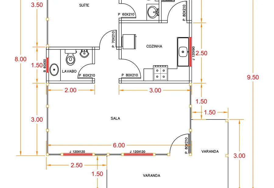 Planta: Casa 57,75m² com 1 Suíte e 1 Lavabo
