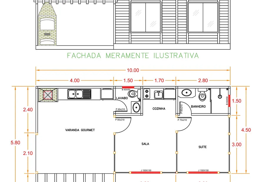 Planta: Casa 50,40m² com 1 suíte e área gourmet