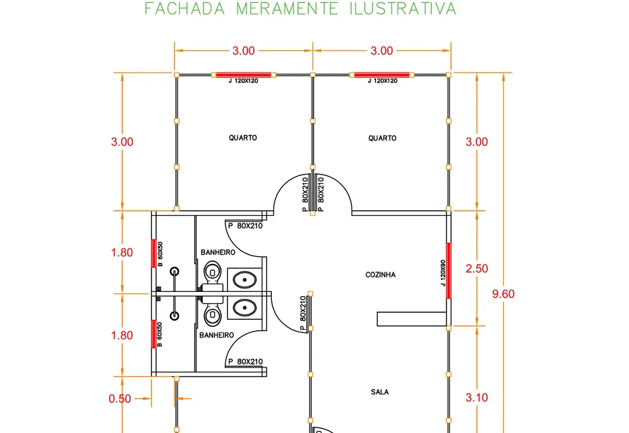 Planta: Casa 59,40m² com 1 suíte e 2 quartos