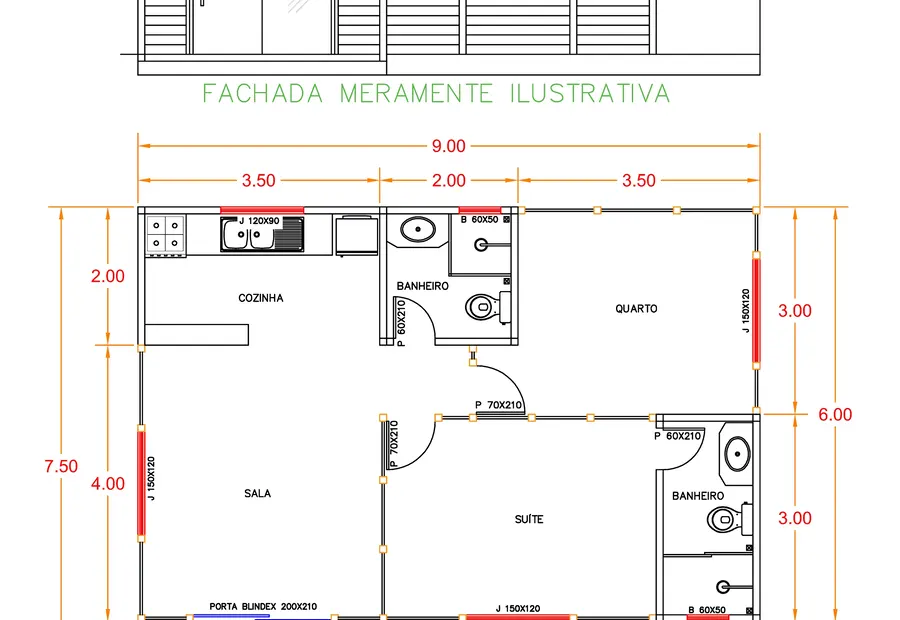 Planta: Casa 59,50m² com 1 suíte e 1 quarto
