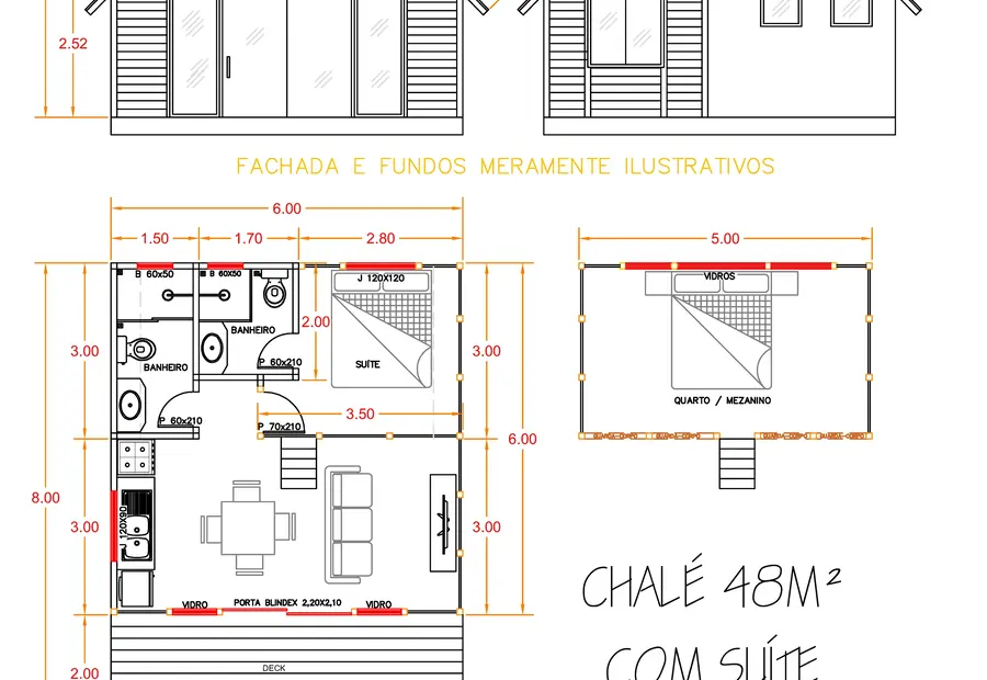 Planta: Chalé 48,00m² com 1 suíte e 1 quarto