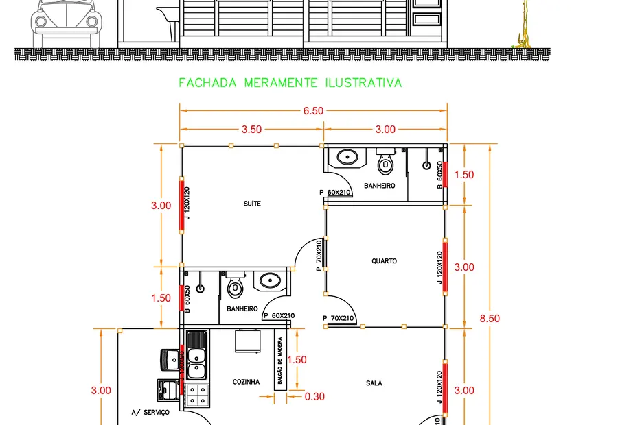 Planta: Casa 57,25m² com 1 suíte e 1 quarto