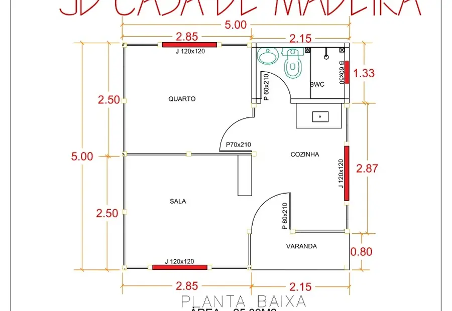 Planta: Chalé 25,00m² com Sala, Quarto e Cozinha