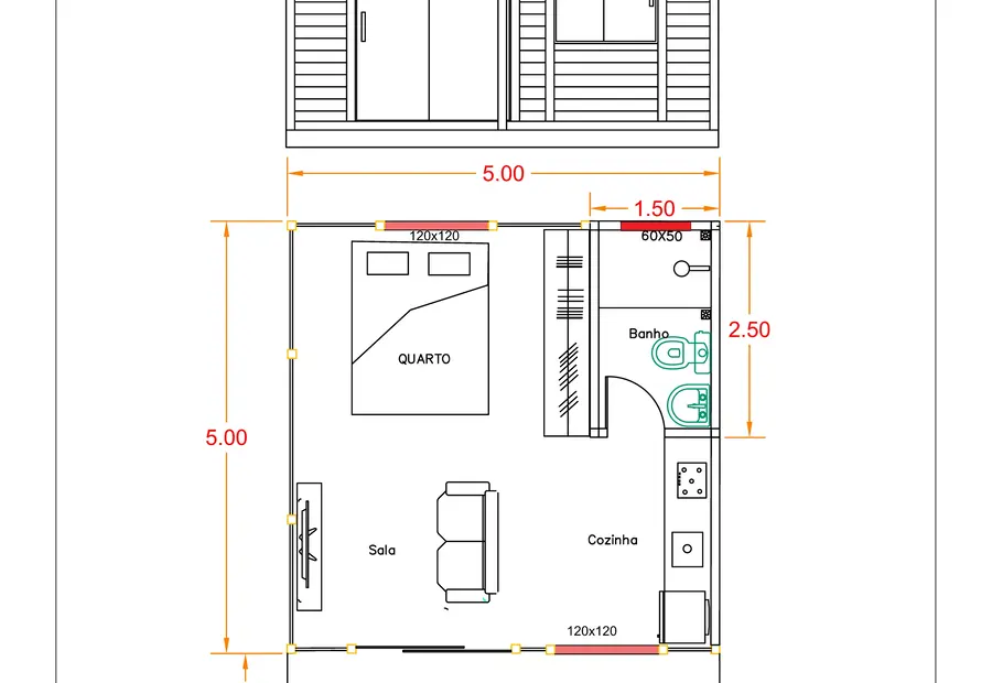 Planta: Chalé Compacto com 30m²
