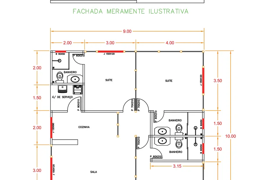 Planta: Casa Térrea 90,00m² com 3 suítes