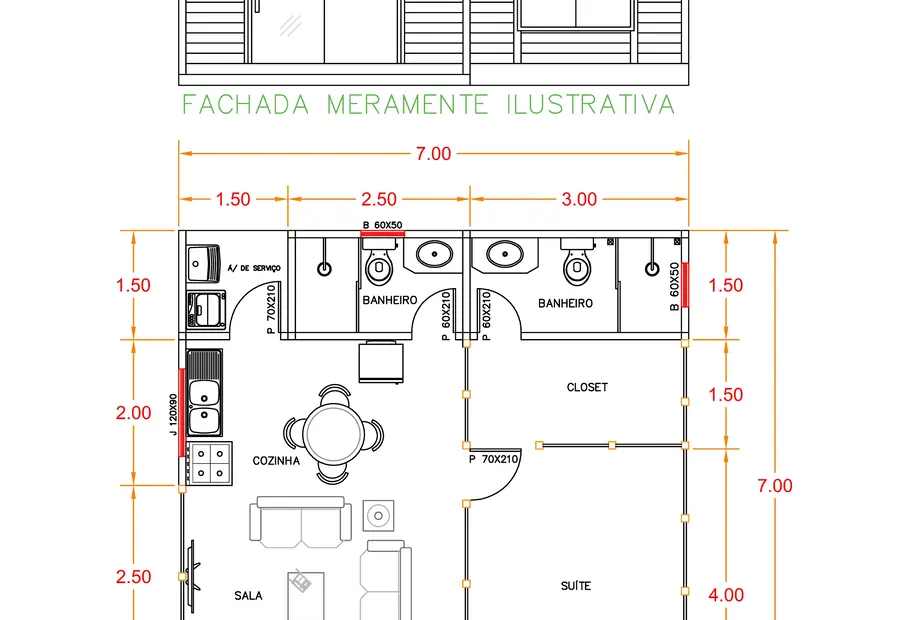 Planta: Casa Térrea 49,00m² com 1 Suíte, Varanda e Pergolado