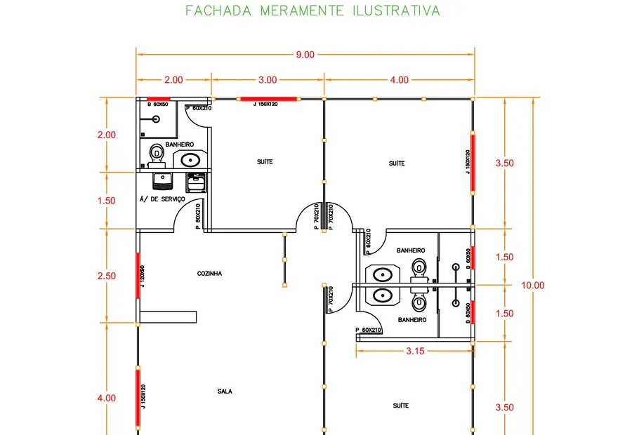 Planta: Casa 97,60m² com 3 suítes